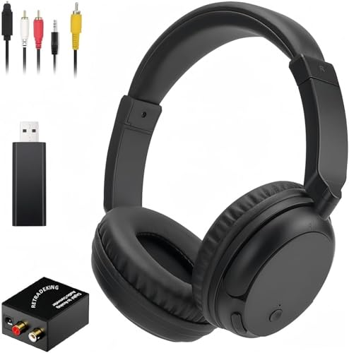 RETRADEKING Auriculares Inalámbricos para TV con Transmisor Bluetooth Alta Fidelidad 30 Horas de Uso Fácil de Usar para Personas Mayores con Convertidor Digital, 5.3 Bluetooth Auriculares Negro