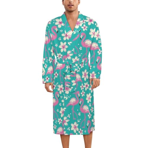 Flamingo Cherry Flowers Soft Robe Long Sleeve Bathrobes V Neck Sleepwear Spa Robes with Belt Men Woman