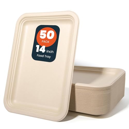 hooray mida 50 Pack 14-Inch Heavy-Duty Compostable Food Trays | Extra Large Disposable Platters for BBQ, Seafood Boils, Catering & Holidays | Eco-Friendly Paper Serving Trays