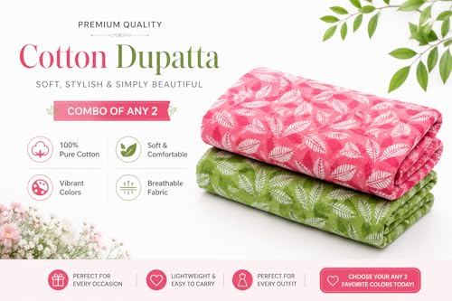 Image of Pure Cotton Dupatta with Jaipuri Leaf Print, Combo of 2, 2.5 Metres, Soft & Breathable, Women's Ethnic Wear