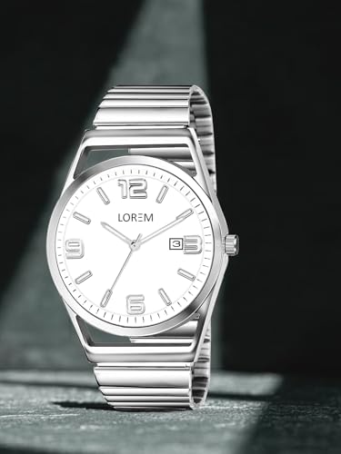 Image of LOREM Men's Stainless Steel Watch, Black Round Dial, Silver Band, Date Display, Quartz Movement
