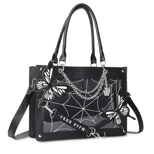 VISTATROY Leather Tote Bag for Women, Goth Glam Satchel Bag Large Top Handle Handbags for Lady Purse - Cobwebs Butterfly