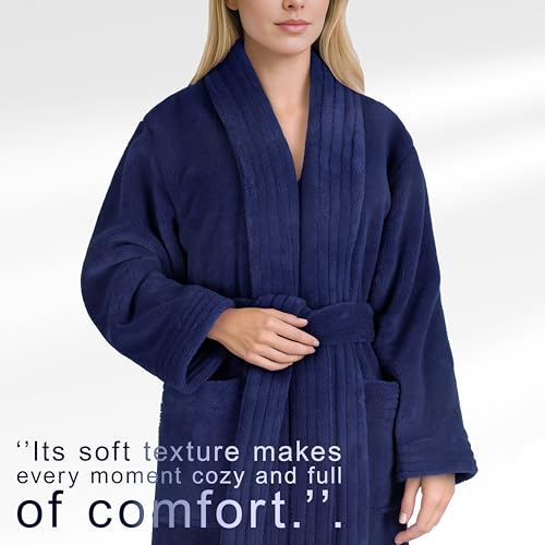 Image of American Soft Linen Women's Fleece Bathrobe - Luxury Soft, Plush, Fuzzy & Warm Turkish Robe for Women, Cozy Spa Quality Adult Bathroom Lounge Robe, Navy L