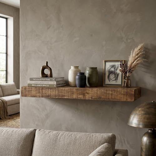 Hives & Honey Hawthorne Floating Shelf 42 Inch, Solid Mango Wood Wall Mounted Shelf, Hidden Bracket Design, Heavy Duty Storage Shelf, Light Wash Rustic Décor by Hives and Honey - Used condition - US$93.62