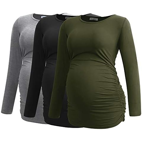 Smallshow Women's Maternity Tops Long Sleeve Pregnancy Clothes T Shirts 3-Packs,Army Green-Black-Light Grey,S Cover