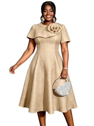 Image of AOMEI Women's Irregular Neck with Flower Short Puff Sleeve High Waist A-Line Jacquard Dress