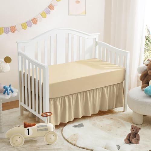 Image of Horbaunal 2 Pack Set Crib Skirt & Crib Bed Sheet, Khaki Crib Bed Skirt 28 inch x 52 inch with 14 inch Drop Dust Ruffle, Soft Microfiber Toddler Bedskirt Nursery Bedding Skirt for Baby Girls and Boys