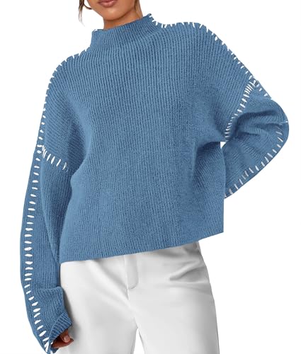 PRETTYGARDEN Women's Chunky Knit Sweaters 2026 Fall Long Sleeve Mock Neck Oversized Pullover Tops Winter Fashion Clothes (Blue,Large)