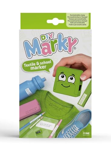 DIY MARKY - Timbro personalizzabile per bambini | Abbigliamento e oggetti per bambini | Inchiostro fino a 1000 impronte | Tutte le superfici | Kit completo con etichette e nastro termoadesivo (Verde)