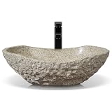 Pufihoby Natural Stone Bathroom Sinks, Hand-carved Modern Rustic Bathroom Vessel Sinks, Canoe Shape Vessel Sink