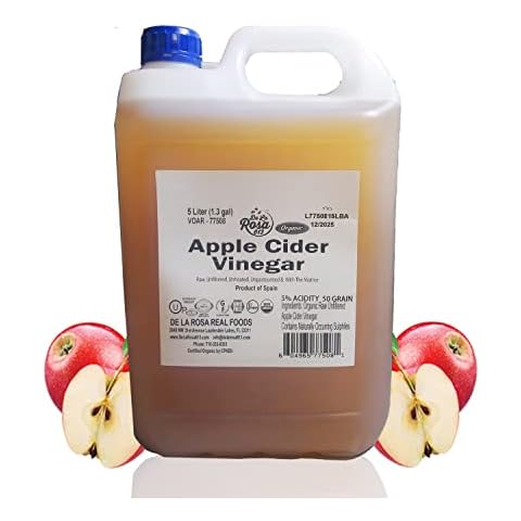 De La Rosa Organic Apple Cider Vinegar, Raw & Unfiltered, Kosher for Passover, Vegan & Gluten Free, Great for Salad Dressing & Marinades, Apple Cider with The Mother, 5 Liter (Pack of 1) Cover