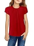 Yoklass Girls Short Sleeve Shirts Casual Round Neck Basic Pleated Tops Cap Sleeve Curved Keyhole Bac