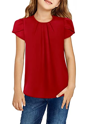 Yoklass Girls Short Sleeve Shirts Casual Round Neck Basic Pleated Tops Cap Sleeve Curved Keyhole Back Blouse Burgundy Xl #TOP21