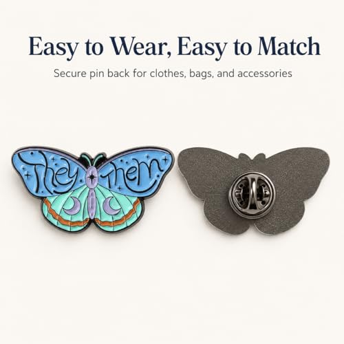 Image of LGBTQ Pronouns Cute Butterfly Pin - She They /He Him /They Them /She Her /He They Gender Identity Bulk Pins for Pride Parade, Daily Wear, Lapel, Hat, Backpack(Free 1pc Pride Sticker Included)