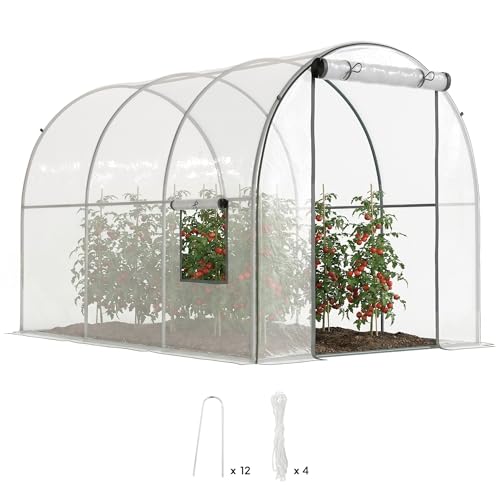Outsunny 3 x 2 x 2m Polytunnel Greenhouse with Roll-up Door and Mesh Window, Walk-in Grow House Tent with Plastic Cover and Steel Frame, Clear