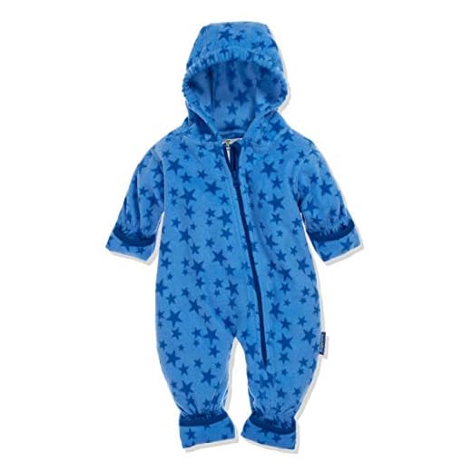 Playshoes Babyfleece-overall, andningsbar unisex-jumpsuit för pojkar och flickor med lång dragkedja och huva, med stjärnmönster, Blå (blå 7), 68 cm