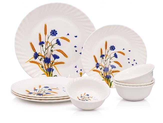 Melamine Dinner Set 18 Pieces, White with Blue & Yellow Floral Design, 6 Full Plates 6 Half Plates 6 Bowls, Lightweight Tableware Set for Home & Dining, Pack of 1