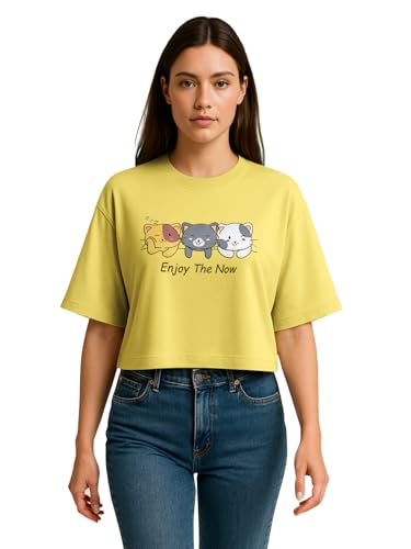 Image of HELLCAT Beige Printed Loose Fit Crew-Neck Crop T-Shirt for Women