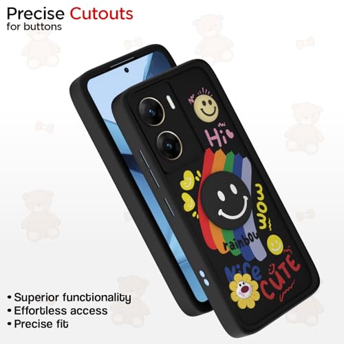 Image of Pikkme Back Cover for Vivo V29e 5G | Soft Silicone| Cute Rainbow Smile & 3D Cartoon Flower Design | Shockproof Raised Camera Protection Bumper Case (Black)