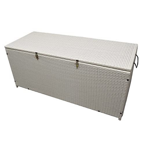 Image of Oakland Living White Indoor and Outdoor Balcony Patio Deck Porch Pool 113 Gallon Wicker Storage Box Trunk Bin with Metal Frame