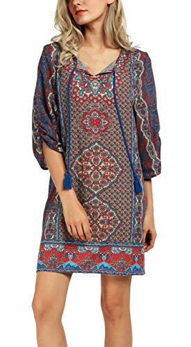 Women Bohemian Neck Tie Vintage Printed Ethnic Style Summer Shift Dress (Xl, Pattern 11) #TOP3