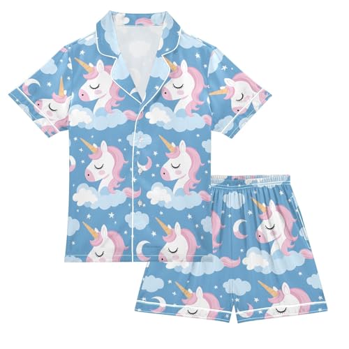 ALAZA Unicorn Moon Star Blue Pajamas Satin Pajama Set Short Sleeve Button Down Sleepwear