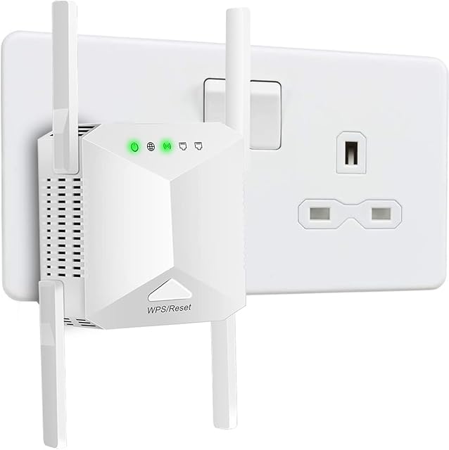Dursilre WiFi Extender Booster 1200Mbps WiFi Booster Range Extender 5GHz & 2.4GHz Dual Band WiFi Repeater 4 Antennas Broadband Extender Booster with Ethernet Port, UK Plug