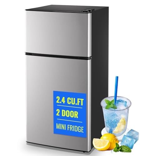 Image of TACOOL Small Fridge with Freezer Small Refrigerator 2.4 Cu.ft Fridge Dual Door Apartment Size for Personal Senven Temp Gear Silver