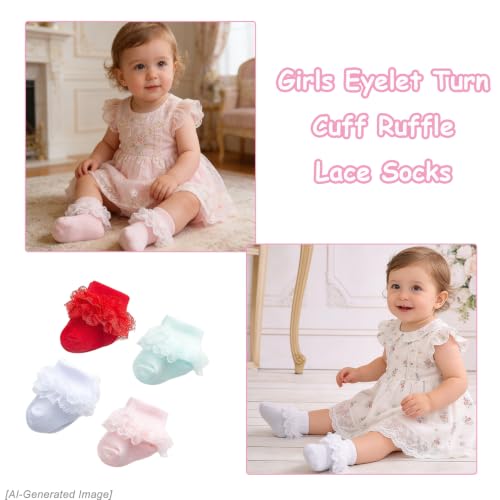 Image of Epeius Baby-Girls Eyelet Turn Cuff Ruffle Lace Socks Triple Lace Dressy Socks Newborn /Infants /Toddlers 3 /5 Pairs