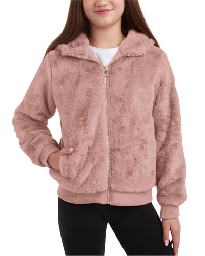 Image of DKNY Girls Faux Fur Sherpa Plush Zip Up Hooded Fleece Bomber Jacket