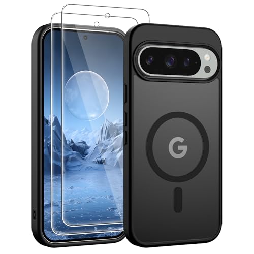 Jshru Magnetic for Pixel 9 Pro XL Case Compatible with Magsafe with HD Screen Protectors X2 [Durable & Sturdy] Slim Translucent Protective Cover Google Pixel 9 Pro XL-Black