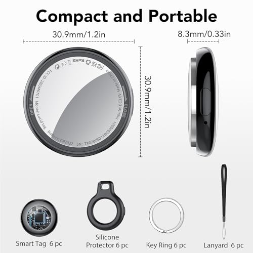 Lucid Tag Air Tags 6er Pack, Schlüsselfinder KeyFinder Kompatibel mit Apple Wo ist? APP (Nur iOS) 100dB Ton Bluetooth Koffer Tracker, Item Finder für Gepäck/Taschen/Schlüssel, Austauschbarer Batterien