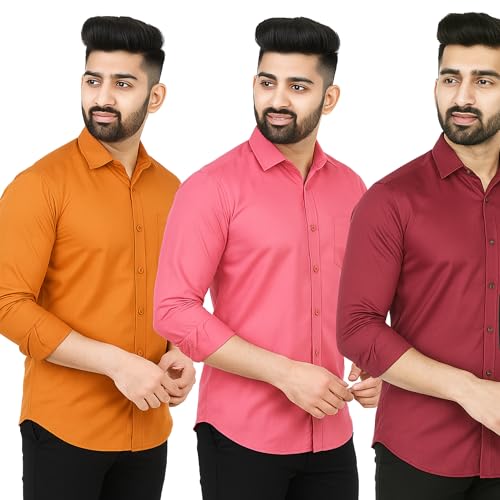 Image of Men's Polycotton Solid Shirt Pack of 3 | Regular Fit Full Sleeve Casual & Formal Wear Shirt Combo for Men | Soft & Durable Shirts