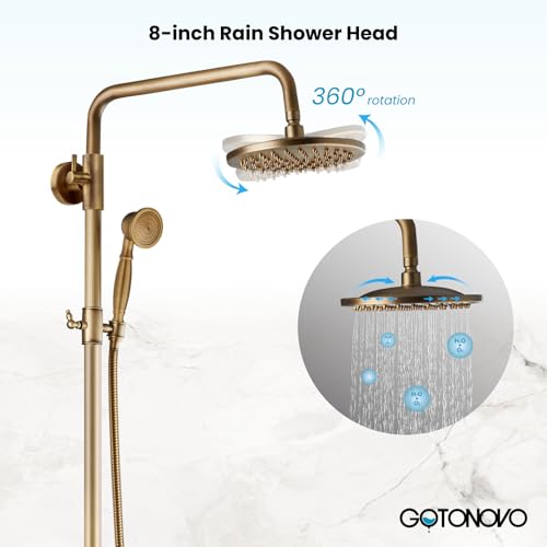 Juego de grifería para ducha expuesta gotonovo en latón antiguo, con manijas de cerámica, cabezal lluvia redondo de 8 pulgadas, rociador de mano y salida para bañera giratoria, montaje en pared, distancia entre orificios de 6 pulgadas miniatura 3