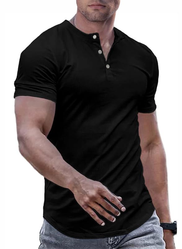 MeiliclothMens Henley Shirt Top Basic Ribbed Button up Slim Fit Short Sleeve T Shirt Casual Tee Shirt