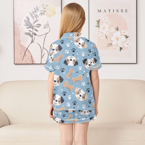ALAZA Puppy Dog Bone Blue Paw Print Pajamas Satin Pajama Set Short Sleeve Button Down Sleepwear4