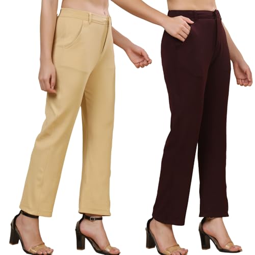 Image of Pack of 2 Women's Regular Fit Solid Cotton Blend Trousers - Soft, Breathable & Stretchable Bottom Wear for Office, Casual Outings & Daily Comfort