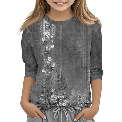3/4 Sleeve Tops for Teen Girls Crew Neck Cute Tees Shirts Summer Floral Print Tees Blouse Casual Athletic Clothes
