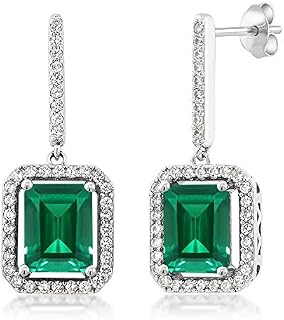 Gem Stone King 925 Sterling Silver Green Simulated Emerald Earrings For Women (4.96 Cttw Emerald Cut 9X7MM)