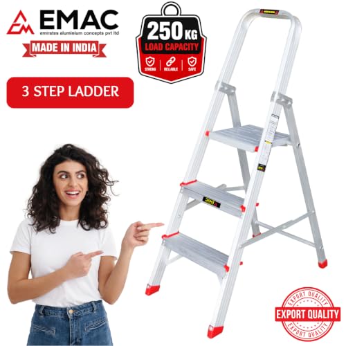 Image of EMAC Aluminium 3 Steps Folding Ladder for Home, Shop & Office Use Slip Resistant Step Aluminium Ladder (with Platform)