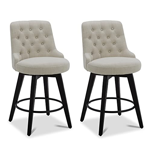 Image of Watson & Whitely Counter Height Bar Stools Swivel Barstools, Fabric Linen | Set of 2, Upholstered Modern Barstool with Back, Solid Wood Legs, 26 inch H Seat