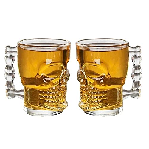 TYSSCHO Skull Beer Mug Set of 2 Glass Beer Mug Glasses Halloween Skull Whisky/Wine/Vodka Glass with Handle for Your Home Bar 520 ml
