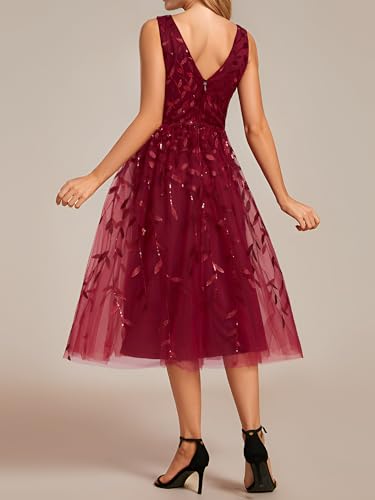 Image of Ever-Pretty Women's Prom Dress A Line V Neck Open Back Sleeveless Ruched Sequin Tea Length Formal Dress Burgundy US8
