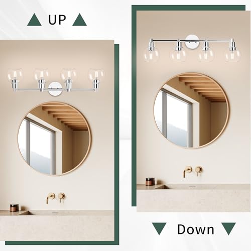 Image of 4 Lights Bathroom Vanity Light Fixtures Chrome, Bathroom Lights Over Mirror, Industrial and Farmhouse 4 Lights Wall Sconce, Polished Chrome Globe Vanity Lighting Fixtures