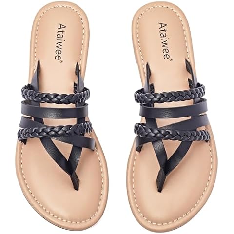 Ataiwee Women's Flat Slide Sandals - Casual Braided Criss Cross Thong Summer Shoes.(1908023-4,BK/MF,8) Cover