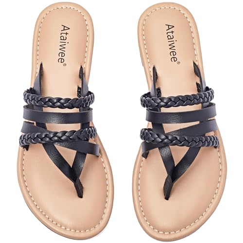 Ataiwee Women's Flat Slide Sandals - Comfortable Casual Slip On Soft Strappy Summer Flat Sandals.Black,Size 41