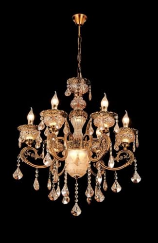 Image of Modern Crystal Chandelier, 8-Light Ceiling Light Glass Fixture, Antique Bronze with Crystal Droplets, Gold Designer Shades for Living, Dining, Bedroom, Staircase & Foyer with Filament Bulbs