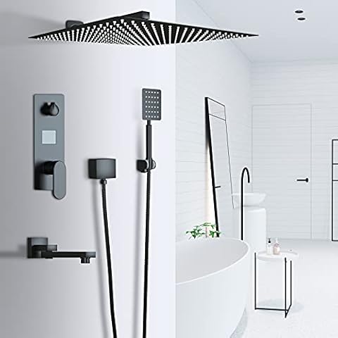 Suguword Flush-Mounted Shower System Black Matt Flush-Mounted Shower Fitting Set with LCD Temperature Display Square 30 cm x 30 cm Shower Head Rain Shower Hand Shower Tap and Bath Shower Set Cover