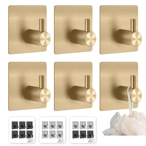 El Mejor Listado de Ganchos para batas de casa los más solicitados. 43 6 Piezas Ganchos de Baño, 304 Acero Inoxidable, Adhesivos para Organización, Accesorios Perfectos para La Cocina, El Baño o La Oficina (Dorado)