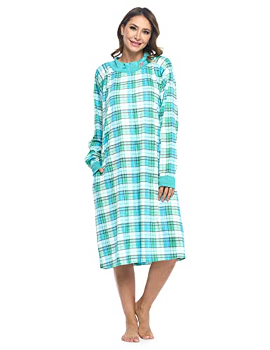 Casual Nights Women's Plaid Long Nightgown Long Sleeve Zip Up Lounger Dress